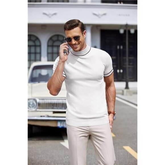 Mens Mock Turtleneck Sweater Short Sleeve Casual Dress Sweater Shirt - Picture 3 of 6
